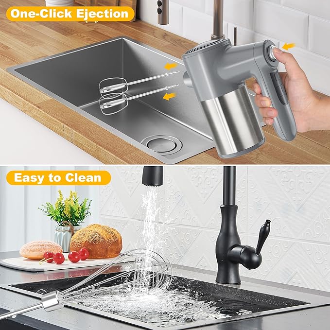 Cordless Electric Hand Mixer, 7 Speed Rechargeable Wireless Handheld Mixer with Eject Button, Long Battery, Quiet Anti-Splash, 6×304 Stainless Steel Attachments & Storage Base for Baking (Silver)