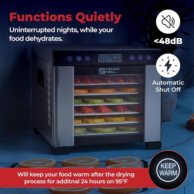Magic Mill Pro Food Dehydrator Machine | 7 XL Stainless Steel Trays | Dryer for Jerky, Dog Treats, Herb, Meat, Beef, Fruit | Keep Warm Function, Digital Timer and Temperature Control, ETL Approved