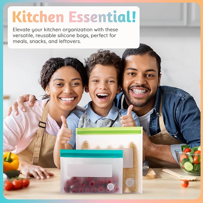 Reusable Food Storage Bags – 21-Pack Stand-Up, BPA-Free, Freezer, Dishwasher Safe & Eco-Friendly – 4 Gal, 6 L, 7 M, 3 S + Rack – Airtight Leakproof, Organization and Storage Bags (Multicolor)