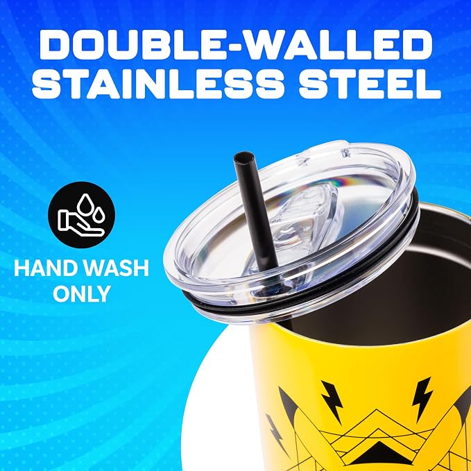 Silver Buffalo Pokémon Featuring Pikachu Lightning Double Walled Stainless Steel Tumbler with Handle, Fits in Standard Cup Holder, 40 Ounces
