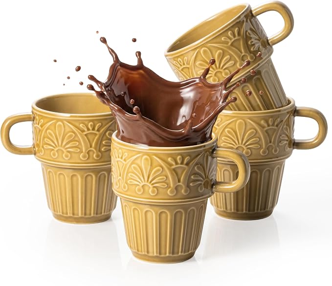 LYEOBOH Ceramic Mugs, 12 OZ Khaki Coffee Mugs Set of 4, Stackable Mug, Microwave & Dishwasher Safe, Stylish Texture Design for Coffee Tea Milk, Ideal for Home Kitchen Party & Festival Gifting