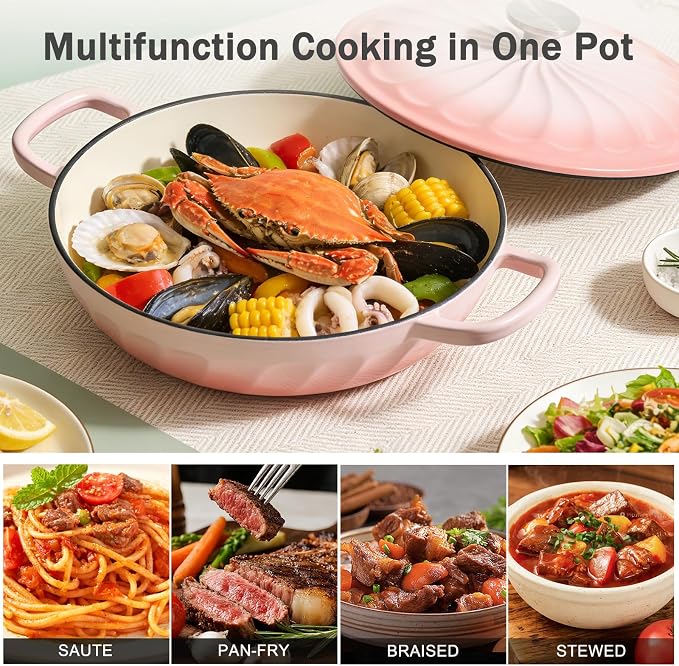 Enameled Cast Iron Dutch Oven, 3.8 Quart Dutch Oven Pot with Lid, Shallow Cast Iron Braiser with Handles, Oven Safe up to 500°F (Pink)