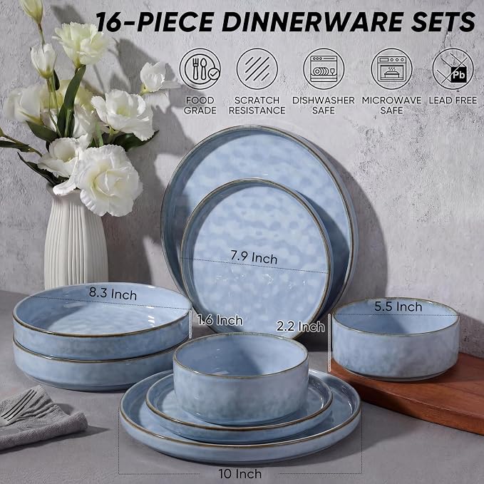 E-far 16-Piece Plates and Bowls Sets with Pasta Bowls - Stoneware Dinnerware Set for 4, Modern Ribbed Dishes, Microwave & Dishwasher Safe, Reactive Blue