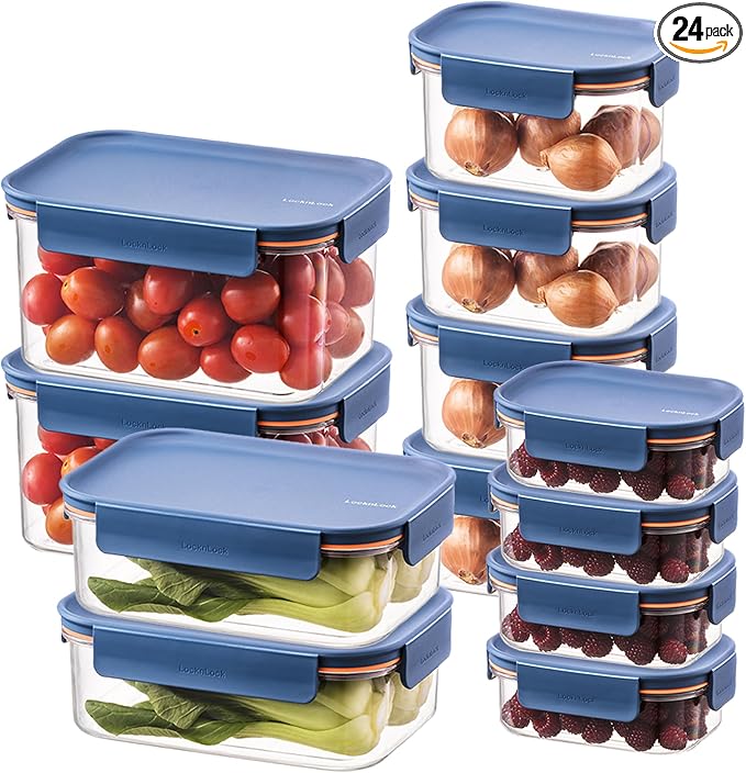 LocknLock Tritan Plastic Bisfree Modular Plus Food Storage Container Set, BPA-Free, Stackable, Dishwasher and Freezer-Safe, 24-Piece Set with 12 Boxes and 12 Lids, Navy