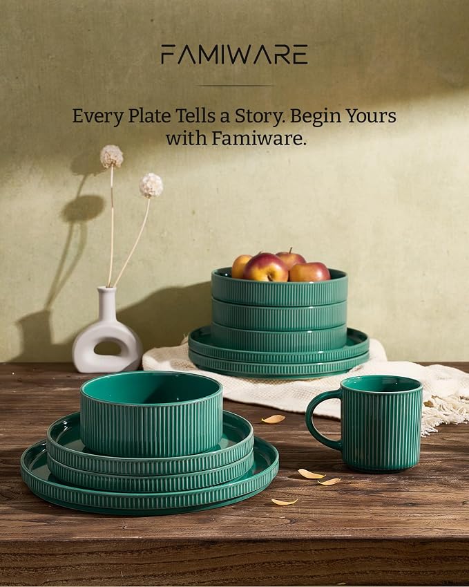 Famiware Star 12-Piece Stoneware Dinnerware Set for 4 – Sage Green, Ceramic Ribbed Plates and Bowls – Modern Rustic Dishes, Everyday & Formal – Chip & Scratch Resistant, Microwave & Dishwasher Safe