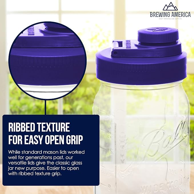 Brewing America Glass Mason Jar Pitcher with Lid - Mason Jars, 1 Quart (32 oz) with Violet Purple Wide Mouth Pour Lid, for Smoothie, Boba Cup, Sun Tea, Cold Coffee Glass Tumbler, 2-Pack