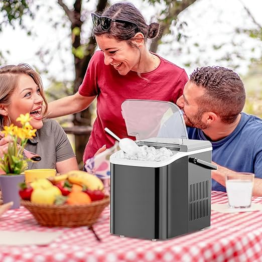 Ice Makers Countertop, Portable Ice Machine with Handle, 6 Mins 9 Bullet Cubes with Basket and Scoop, 26lbs in 24Hrs, Auto-Cleaning, for Home, Kitchen, RV, Camping, Black