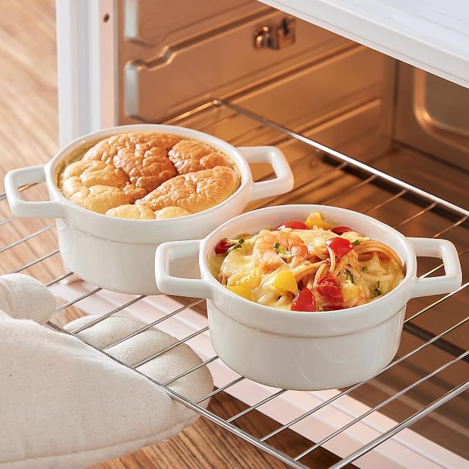 Lareina Mini Cocotte - 12oz Ceramic Casserole Dishes - Kitchen Casserole Sets With Handles And Lid - Small Baking Ramekins - Oven, Microwave & Dishwasher Safe - Set of 4 - White