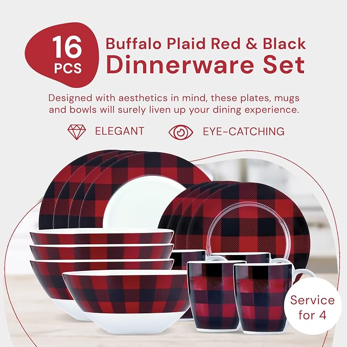 Safdie & Co. 16-Piece Red, Black Plaid Dinnerware Set, Porcelain, Includes Bowls, Plates, and Mugs, Dishwasher Safe