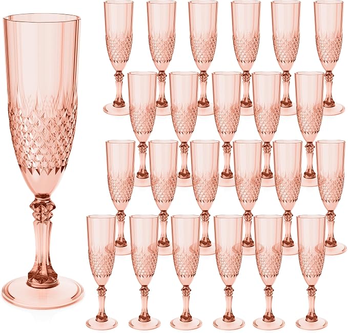 Plastic Champagne Flutes, Champagne Glasses Bulk, Reusable Unbreakable Acrylic Wine Glasses Goblets for Weddings Bachelor Parties Toasting Bridal Shower (24, Rose Gold)