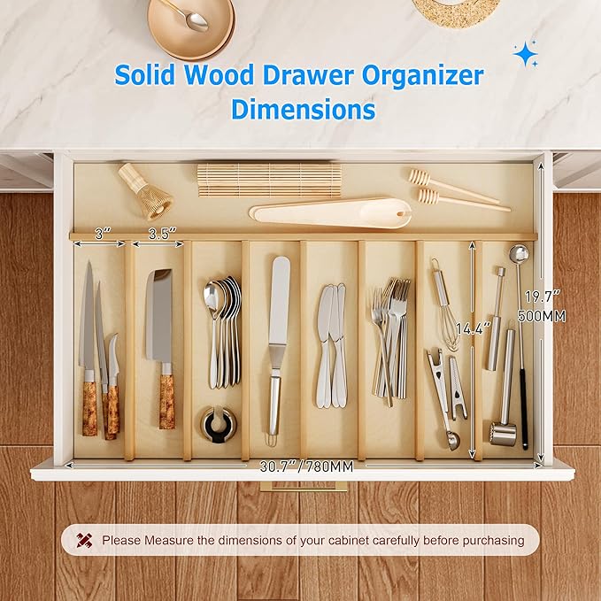 WelFurGeer Solid Birch Wood Silverware Drawer Organizer, Wooden Cutlery Drawer Organizer, Utensil Tray for Kitchen Drawers, Kitchen Utensil Organizer for Silverware, Flatware, Spoons, Forks, Knives