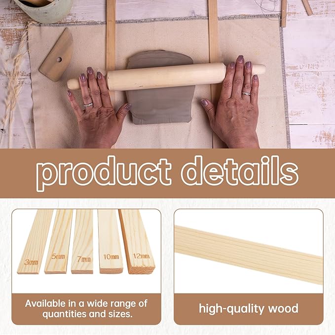 12 Pcs Pottery Tools Include 1 Wood Rolling Pin Sculpting Polymer Clay Tools 1 Portable Pottery Wedging Board/Linen Tablecloth and 10 Pcs 5 Size Teaching Rolling Mud Stick Guide