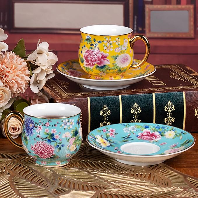KAMMAK Tea Cups and Saucers Set of 2, Porcelain Coffee Cups, 7.1oz Stackable Espresso Mugs, Ceramic Demitasse for Coffee, Latte, Americano, Tea (940N+941N)