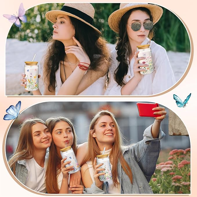 Mumufy 24 Pack Wildflower Glass Cups Gift Aesthetic Cute Glass Cup Tumbler Flower Iced Coffee Mugs 16 oz with Bamboo Lid & Straw, for Wedding Birthday Bridesmaid Mom Baby Shower