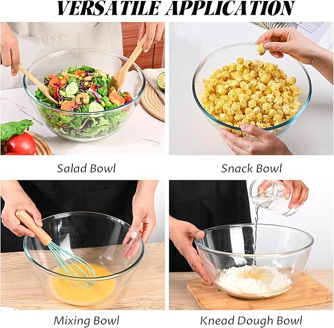 LOVYANXUE 10.6" Glass Salad Bowl with Lid, 4.7 Quart Large Capacity Serving Bowls and Mixing Bowls with Utensils, Versatile Serving Dish for Salads,Fruits,Pasta,Popcorn,Trifle Bowl, Microwave Safe