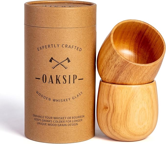 Oaksip The Original Wooden Bourbon Drinking Glass Bourbon Gifts for Men | Finished Wooden Old Fashioned Glass | Great Whiskey Gifts for Men, Dad, or Brother (2 Pack)