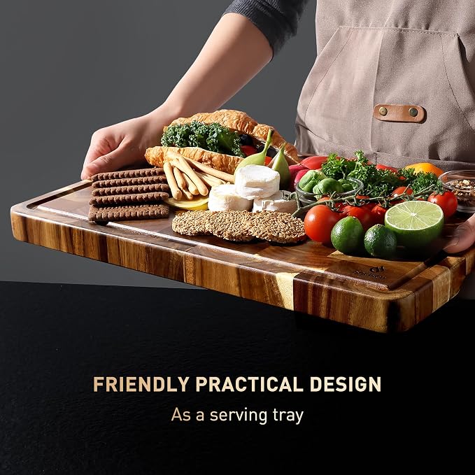 End Grain Cutting Board Set of 3 with Non-slip Feet, Reversible Acacia Wood Cutting Boards for Kitchen with Juice Grooves and Handles Non Toxic Chopping Board Butcher Block Serving Tray Kitchen Sets