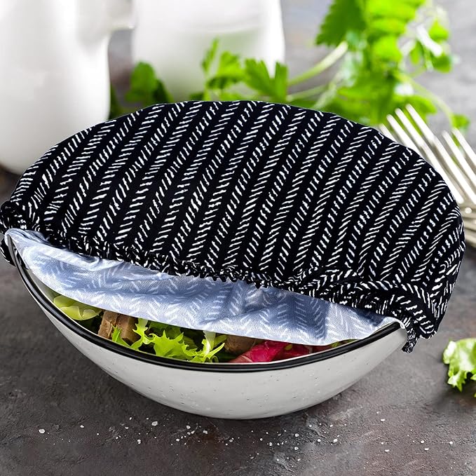 Patelai 10 Pcs Bowl Covers Reusable in 5 Size Stretch Cloth Fabric Elastic Food Storage Bowl Covers Bread Sourdough Lids for Proofing Food Fruits Leftover(Black, White, Blue,Plaid Style)