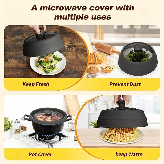 Microwave Splatter Cover - 9.8" Glass Lid with Collapsible Silicone Rim, Universal Pot & Plate Cover for Mess-Free Heating (Black, 9.8inch)