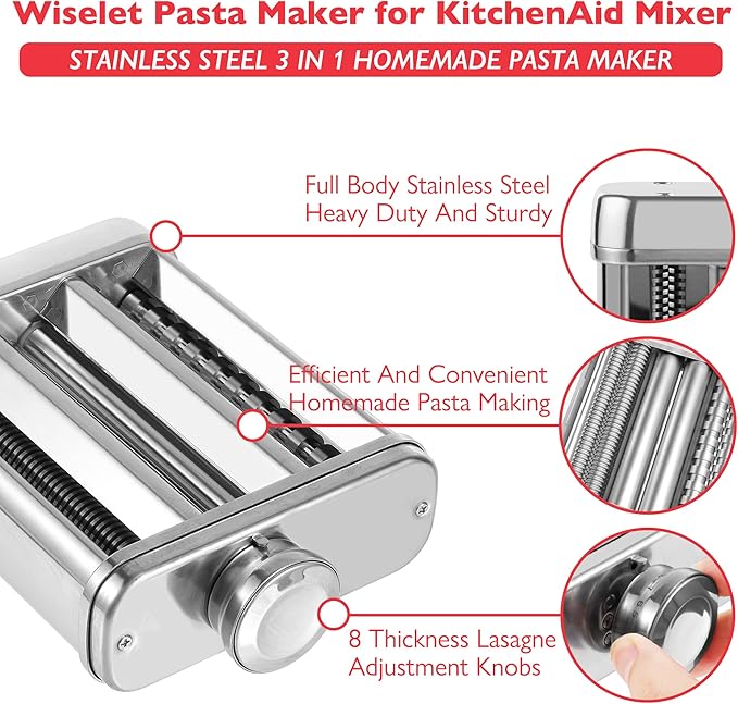 Wiselet Stainless Steel 3 In 1 Pasta Maker Attachment for KitchenAid Stand Mixer, Included Pasta Sheet Roller Spaghetti and Fettucine Cutter, Heavy Duty Sturdy and Durable