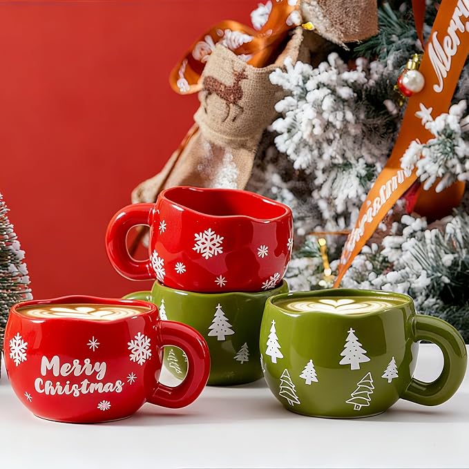 4pcs Ceramic Christmas Mugs Set, 9.4OZ Cute Coffee Cup Set, Red & Green, Dishwasher Safe, Christmas Tree & Snow Design, Gift for Women