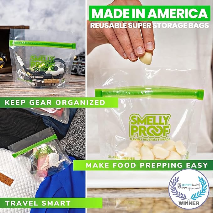 Smelly Proof 15 x Reusable Food Storage Bags, Reusable Freezer Bags, Reusable Snack Bags, Stand-Up Expandable “Stand & Fill”, Clear 3-Mil 6” x 4”, US Made, BPA FREE, NO PEVA, 15-pk