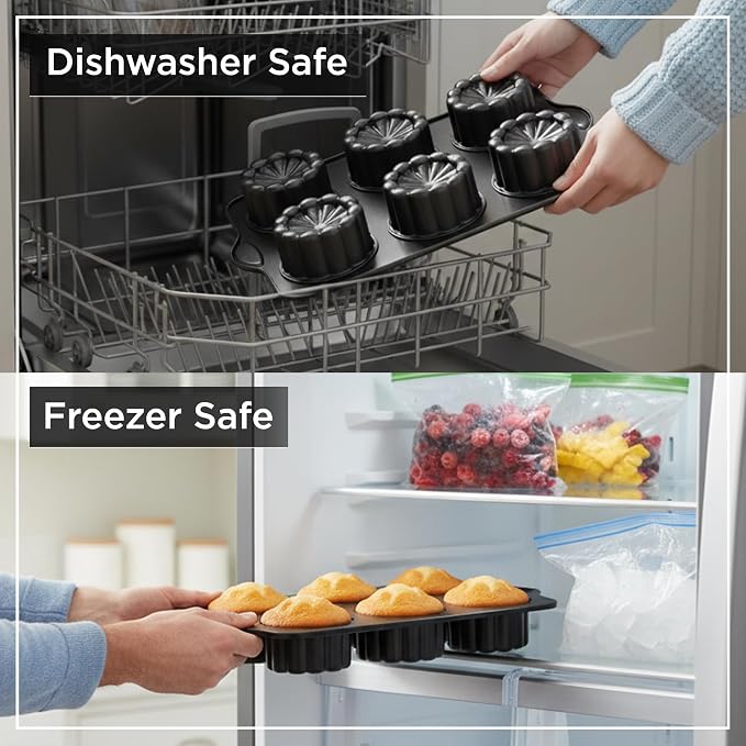 Wrenbury Mini Fluted Cake Pan 6 Cup Nonstick - Small Brownie Bowl Tin | for Individual Cakes, Shortbread & Cornbread - PFOA Free Carbon Steel Mold with Recipe Book