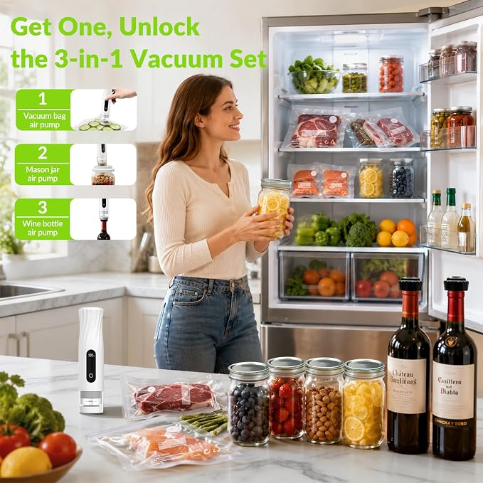 Mason Jar Vacuum Sealer Kit with 2 Sealers, 20 Reusable Lids (Wide & Regular Mouth), Wine Vacuum Stopper & Opener, Food Storage System for Meal Prep, Pantry, Without Mason Jar