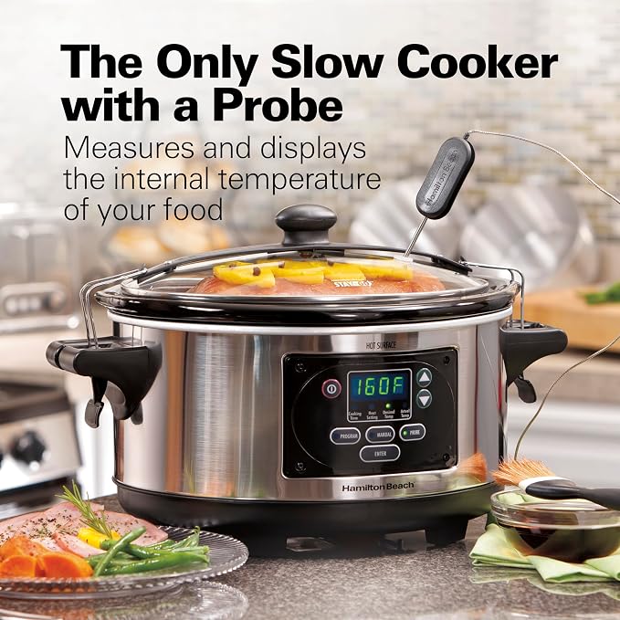 Hamilton Beach Portable 6 Quart Set & Forget Digital Programmable Slow Cooker with Lid Lock, Temperature Probe, Dishwasher Safe Crock & Lid, Stainless Steel (33969A) | Temperature Probe | Lid Lock For Easy Travel | Dishwasher Safe Crock & Glass Lid | S...