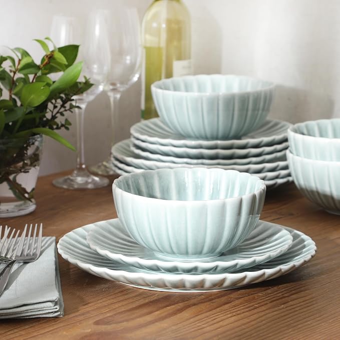 Gibson Elite Peach Orchard 12-Piece New Bone China Dinnerware Set Service for 4, Embossed Fluted Plates and Bowls, Dishwasher and Microwave Safe, Aqua Blue