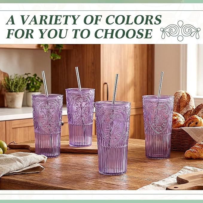 2 Set 20oz Vintage Plastic Tumbler with Lids and Straws Ribbed Floral Drinking Glasses Reusable Iced Coffee Cups for Water Juice Smoothie Cocktail Travel Party Events Gift (Purple)