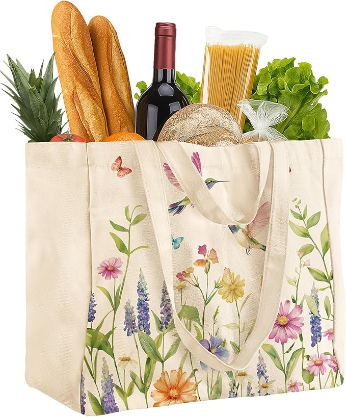 Miss Adola Large Canvas Grocery Tote Bag - Reusable Extra Large Shopping Shoulder Bags with 6 Inner Pockets & 2 Handle Strap