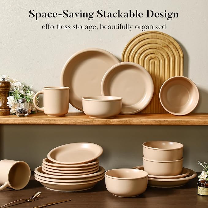GZG Vintage Series - Ceramic Dinnerware Set for 4, 12 Pieces Stoneware Plates and Bowls Set, Lead-Free, Handcrafted Dishes Set, Microwave & Dishwasher Safe - Warm Apricot