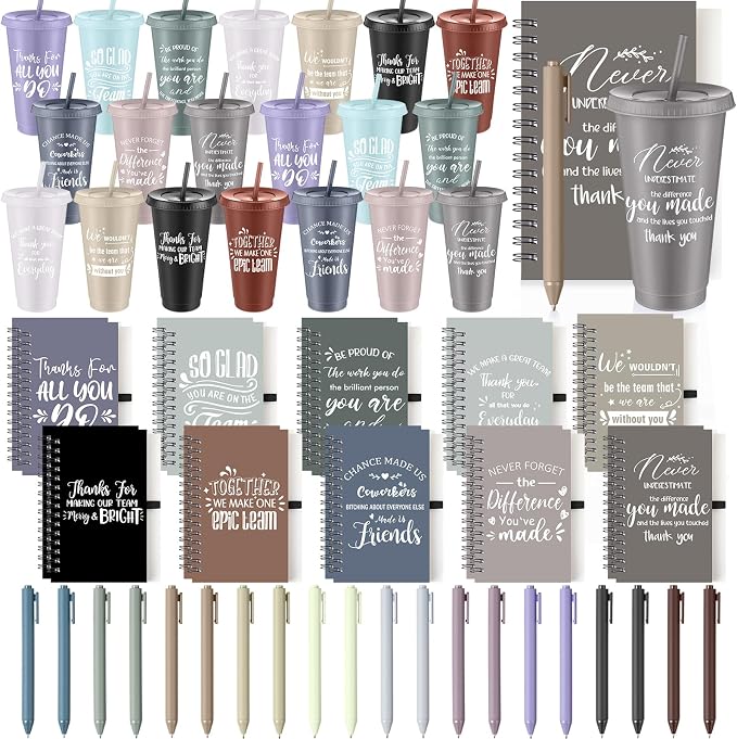 Shellwei 60 Pcs Employee Appreciation Gifts Bulk 24 oz Thank You Tumbler with Lid and Straw Mini Spiral Notebooks and Pens Appreciation Gifts for Team Employee Coworkers Teacher (Bright)