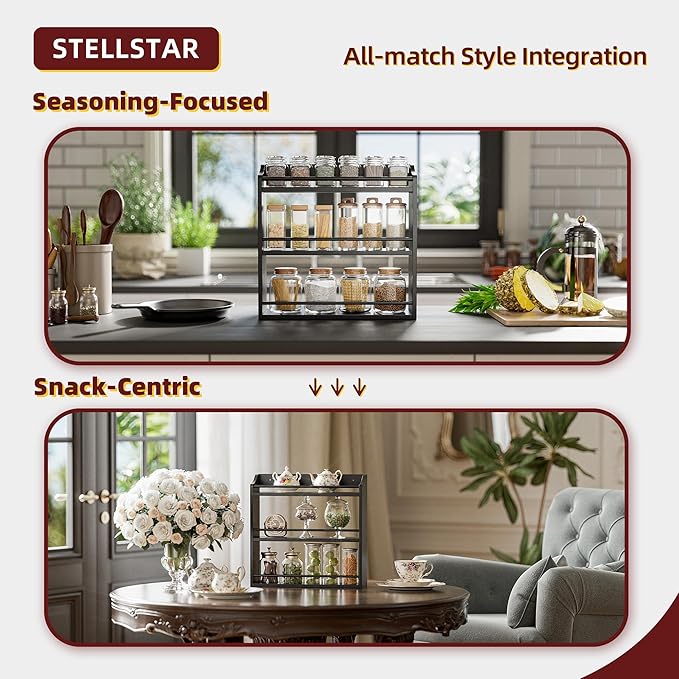 STELLSTAR Bamboo Spice Rack Wall Mount or Tabletop Holder, 3-Tier Shelf for Seasoning Bottles Organizer, Medicine Holder (Black)