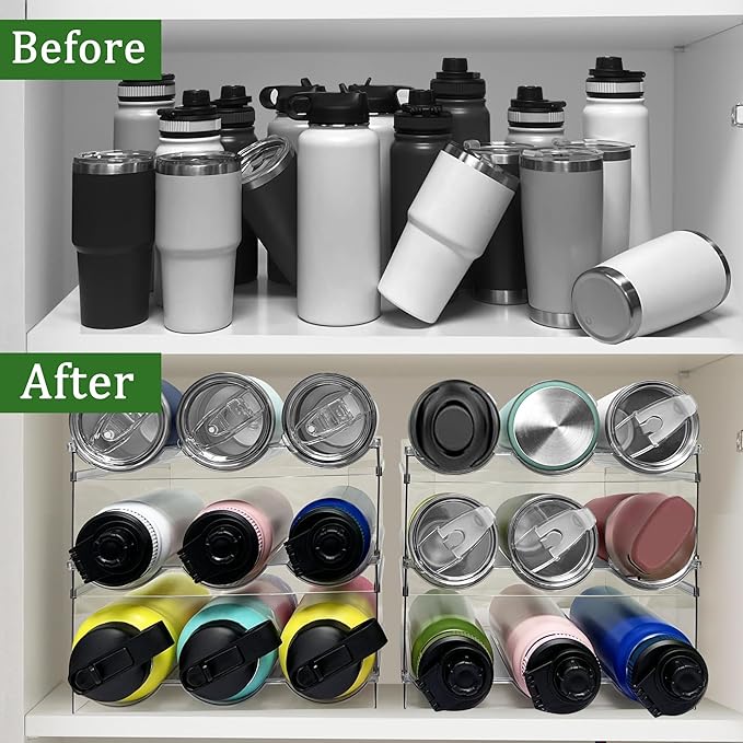 Spaclear 3 Pack Water Bottle Organizer for Cabinet, Stackable Water Bottle Holder, Plastic Cup Storage Organizer for Kitchen Cabinet Organizers and Storage, Tumbler Storage Cup Rack for Pantry Counter