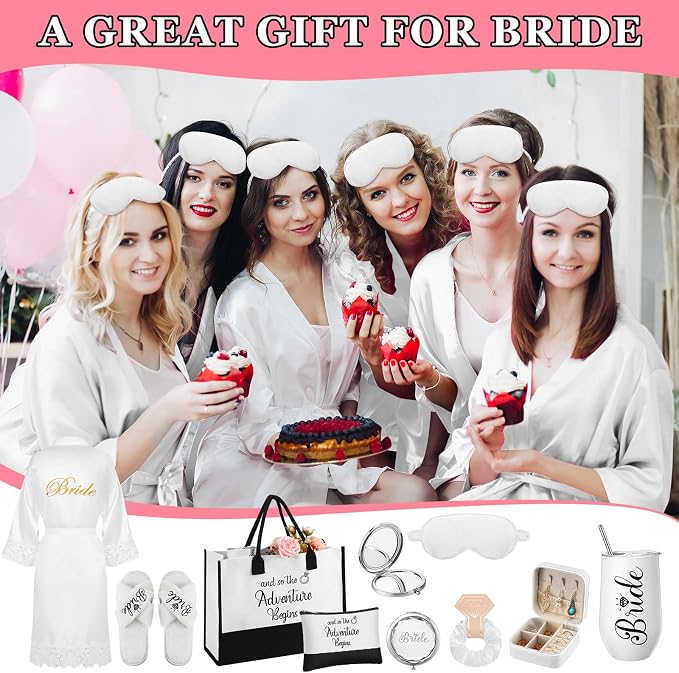 JaGely 9 Pcs Bride to Be Gifts Set Bridal Shower Bachelorette Wedding Gifts with Robe Slippers Tumbler Tote Bag & Bridal Kit