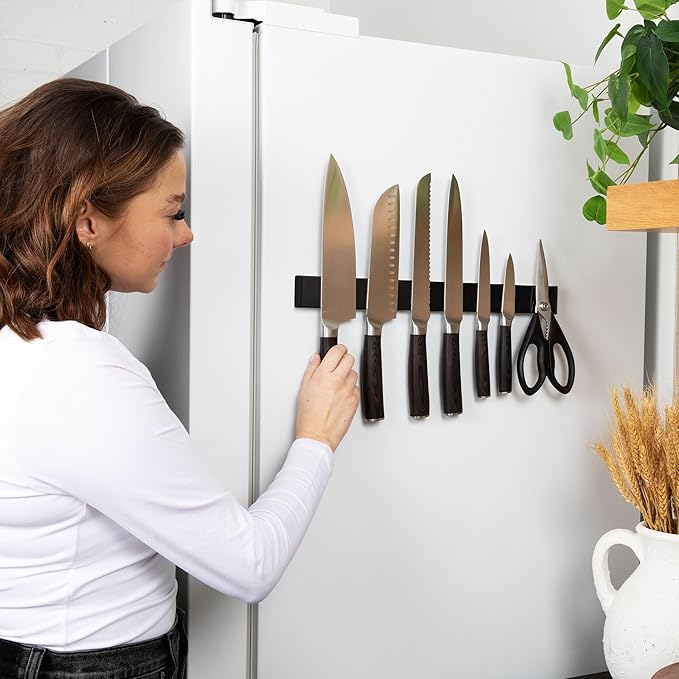 Magnetic Knife Holder 16 Inch Black for Wall or Fridge, 304 Stainless Steel Knife Strip, No Drill Adhesive Rack, Strong Magnetic Kitchen Organizer, Premium Gift by Pampavanna