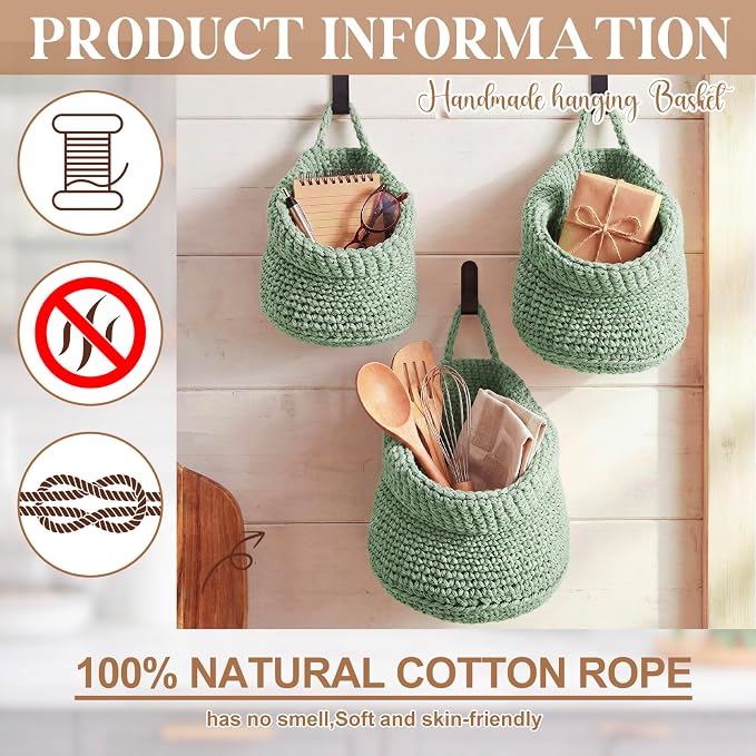 Honeydak Boho Decor Hanging Wall Baskets for Kitchen 3 Pack Teardrop Baskets with Hooks Storage Fruit Onion Vegetable Potato for Home 3 Sizes (Sage Green,Barrel,Cotton Rope)