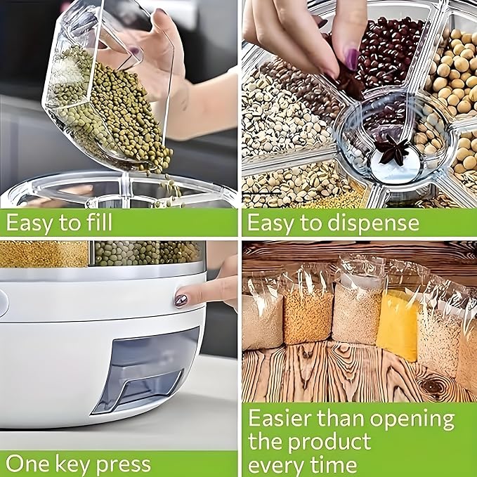 Rotating Grain Storage Bin 6 Grids Rice Container One-Click Output Large Capacity Food Dispenser For Rice Grains Sealed Moisture Proof Organizer (Grey) (Small)