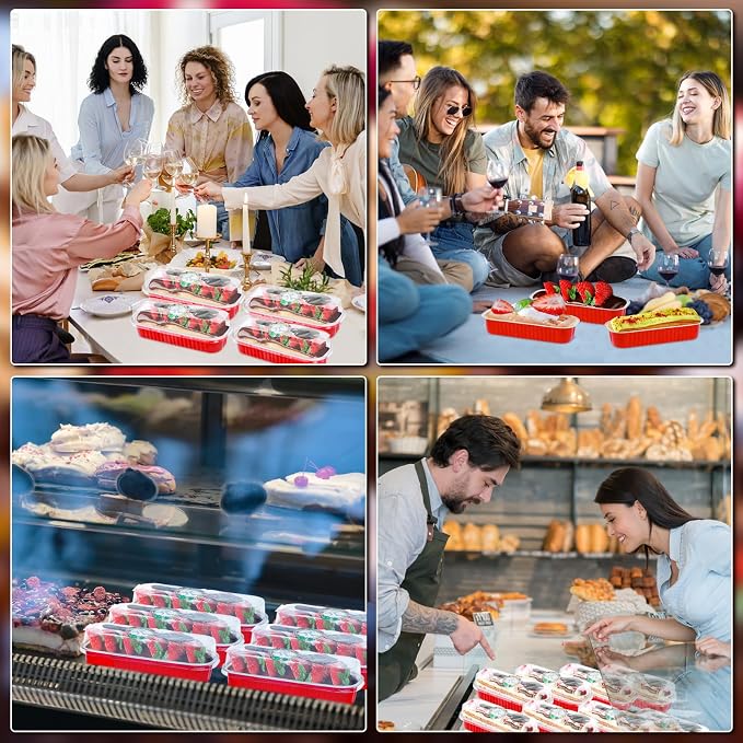 25Pack 6.8Oz Mini Cake Pans Disposable Mini Loaf Pans with Lids and Spoons and Stickers, Aluminum Pans for Baking Bread, Individual Dessert Cups for Sales,Party,Picnics,Celebration (Red)