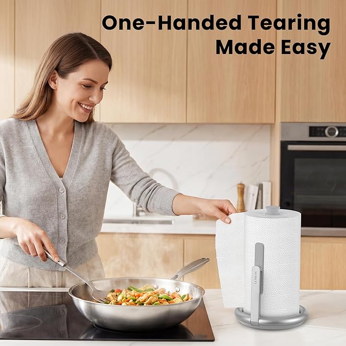 Ultrean Paper Towel Holder Countertop, Freestanding Paper Towel Dispenser with Spring-Loaded Arm for One-Handed Tear, Weighted Non-Slip Base, Stainless Steel for Kitchen