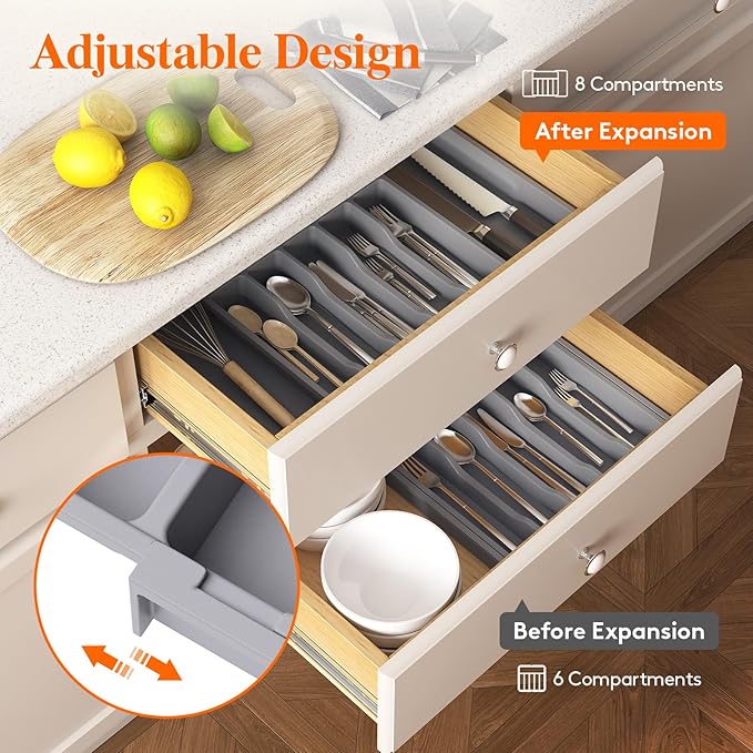Lifewit Silverware and Cooking Utensil Drawer Organizer Set – Expandable Adjustable Plastic Storage for Cutlery, Flatware, Spoons, Forks, Knives, and Kitchen Tools, BPA-Free, Gray