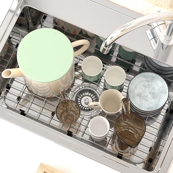 SANNO Expandable Dish Drying Rack Over The Sink Dish Drainer Kitchen Sink Grate Sink Protector for Kitchen Sink, Stainless Steel