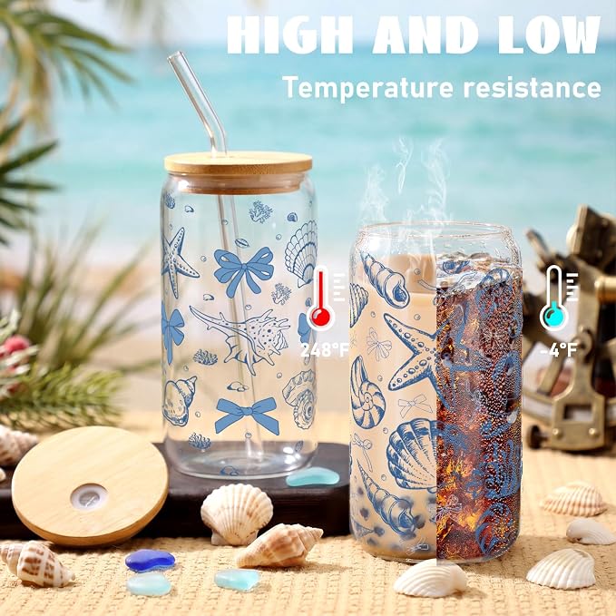 Teenyyou 12 Set of Shell Glasses with Bamboo Lid and Glass Straw 16 oz Summer Drinking Cup Beer Iced Coffee Cup Tumbler Mugs for Teacher's Day Gift Holiday Party Office