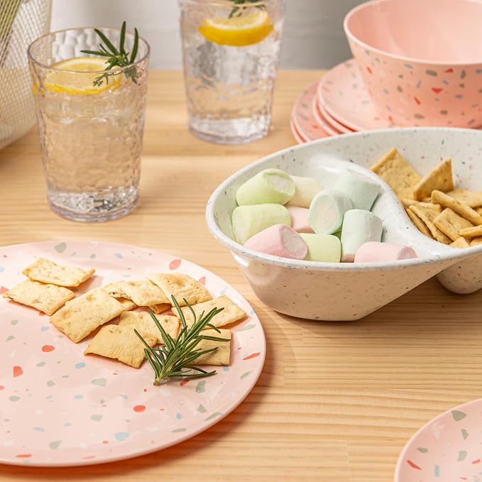 Bzyoo 12-Piece Melamine Dinnerware Set - White Confetti | Lightweight, Durable, BPA-Free | Dishwasher Safe Dish Set for Indoor & Outdoor Use - Perfect for Camping, BBQs, Kids Parties