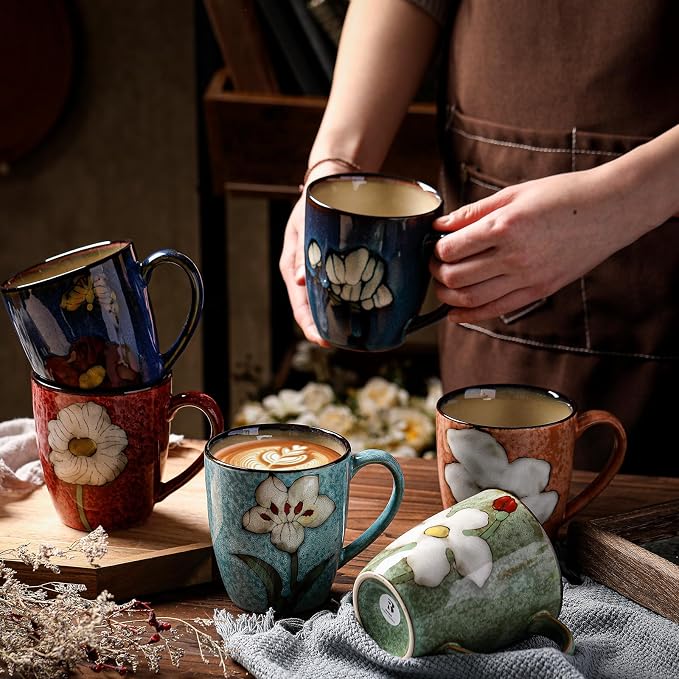 Maxdot 4 Pcs 12oz Ceramic Coffee Mugs Sets Glazing Process Cappuccino Mug Floral Ceramic Tea Cups Idea Gift Set for Women Porcelain Cup for Coffee, Cocoa, Tea, Latte (Retro) (Classic)