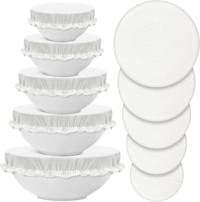 Patelai 10 Pcs Bowl Covers Reusable in 5 Size Stretch Cloth Fabric Elastic Food Storage Bowl Covers Bread Sourdough Lids for Proofing Food Fruits Leftover(White,Ivory Style)