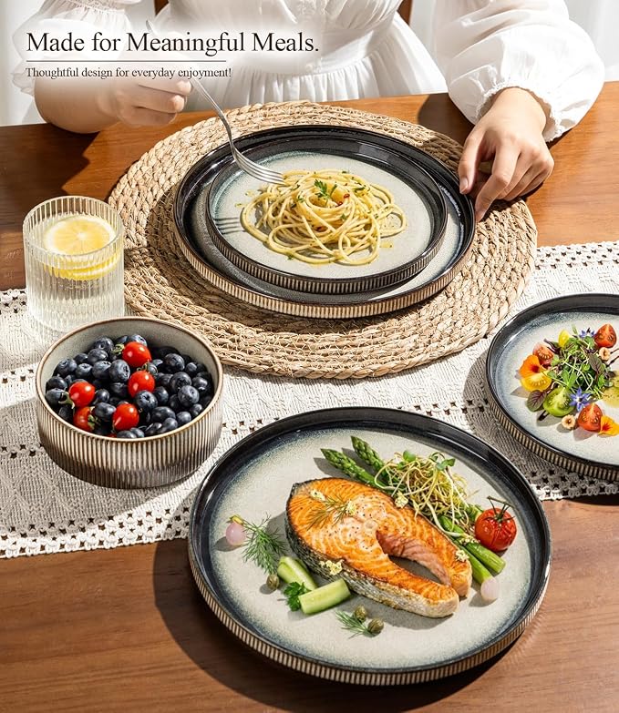 GBHOME 12-Piece Stoneware Dinnerware Set for 4 – Ribbed Ceramic Plates and Bowls, Scratch-Resistant, Microwave & Dishwasher Safe, Reactive Glaze, Sage Dersert Gradient