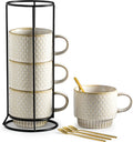 Gomakren Coffee Mugs Set of 4, 13 Ounce Stackable Coffee Mugs with Stand, Father's Day Ceramic Coffee Cups with Spoon for Coffee, Espresso, Cappuccino, Latte, Cocoa, Tea and Milk, Creamy White